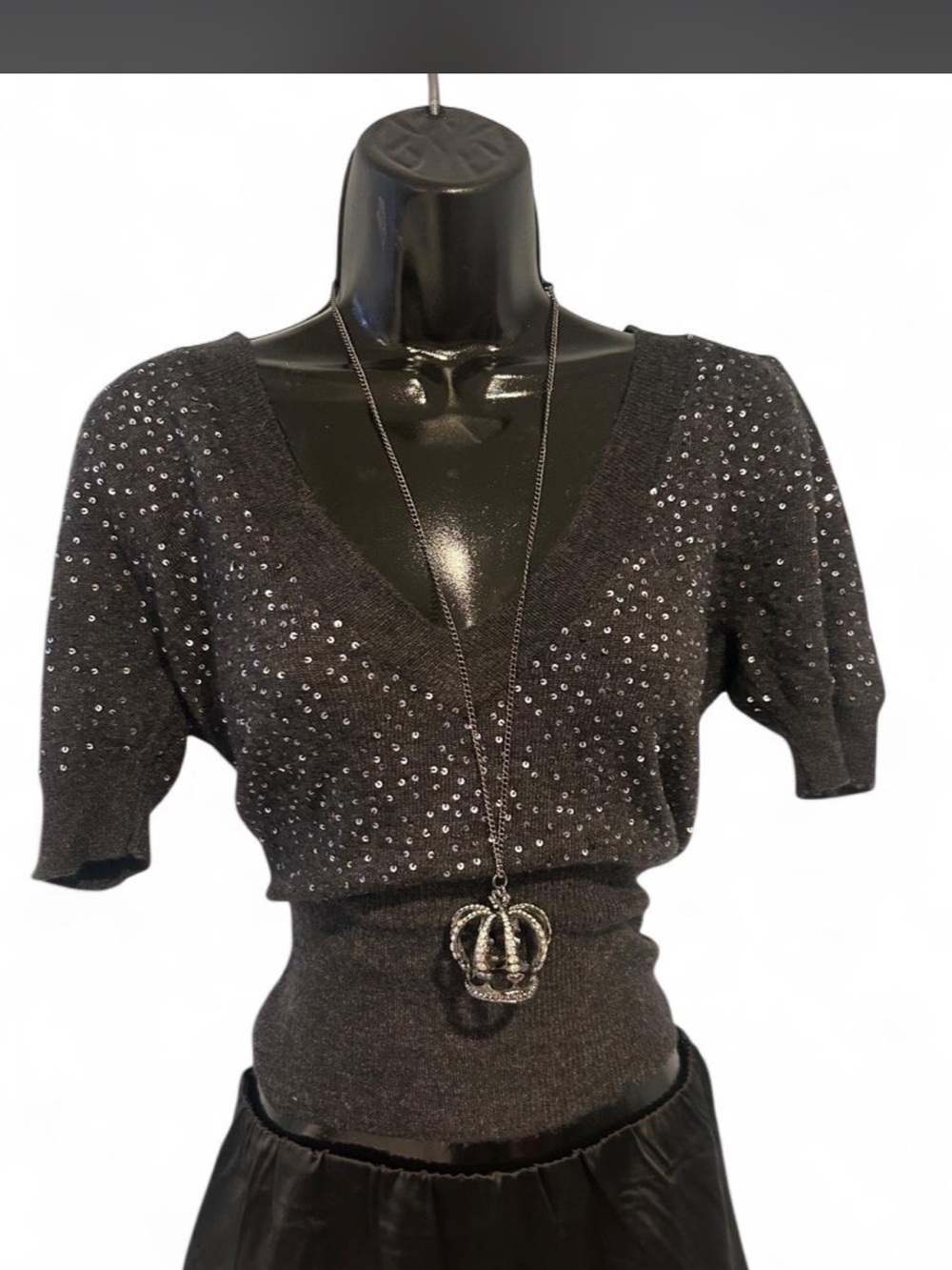 BCBGMaxAzria Dark Gray V-Neck Sequin Knit Top